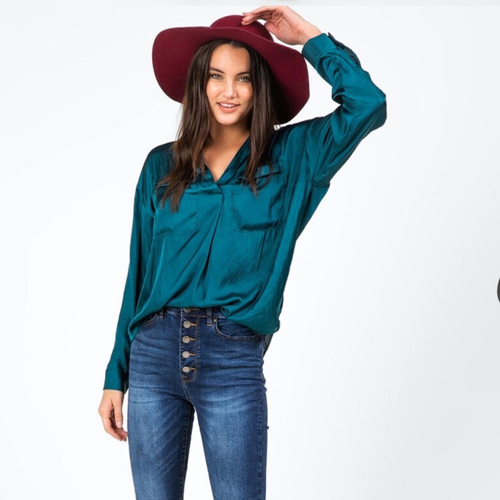 MODA International | Teal Button Down Silk Blouse | Small
